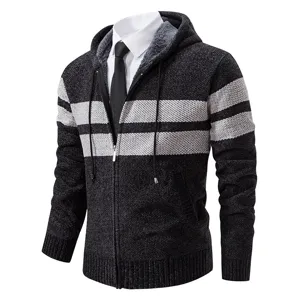 Cardigan lavorato a maglia con cappuccio e zip a righe casual da uomo autunno top