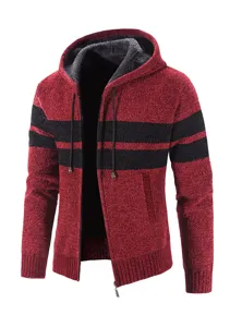 Herren Fleece gefütterte Strickjacke mit Kapuze, dicke warme Winterjacke mit Reißverschluss.