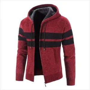 Cardigan Maglione con Cappuccio da Uomo in Misto Cotone Felpato Invernale Caldo con Cerniera Giacca in Maglia Blocco di Colore