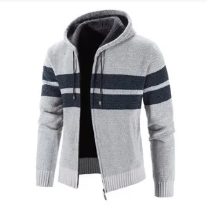 Cardigan in maglia foderato in pile da uomo con cappuccio e righe, giacca invernale calda casual.