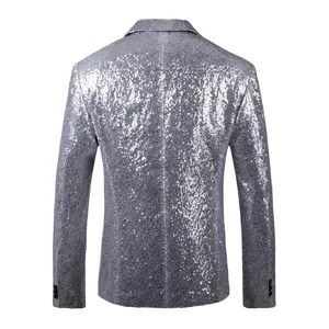 Détail de vue arrière de veste blazer homme à paillettes argentées pour spectacle.