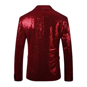 Détail vue arrière veste blazer homme à sequins rouges, costume de scène de fête.