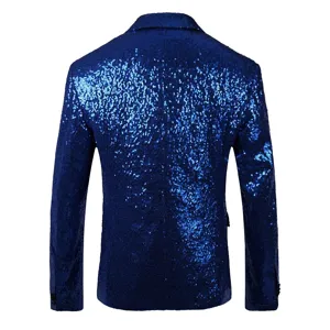 Vue arrière d'un blazer homme à sequins bleu roi, détail veste de spectacle scintillante.