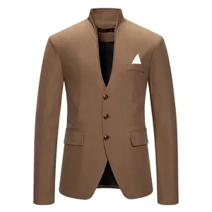 Men's casual slim fit stand collar suit jacket blazer with three buttons and pocket square.