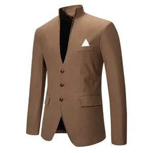 Men slim fit mandarin collar casual blazer suit jacket with pocket square decoration.