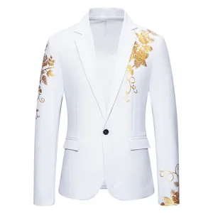 Close-up detail of the white men's blazer featuring elegant gold foil rose floral print.