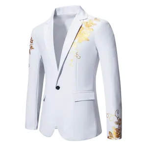 Men's white gold foil floral print slim fit casual blazer jacket for wedding party