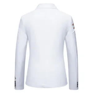 Details of white men's blazer back view featuring elegant gold print on sleeves.