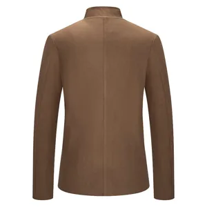 Men's brown stand-up collar casual suit jacket back view detail showcasing slim fit tailoring.