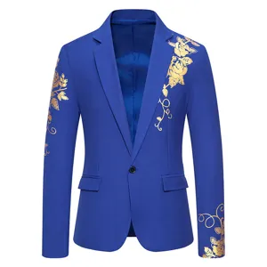 Detailed view of the royal blue men's blazer featuring elegant gold rose foil print.