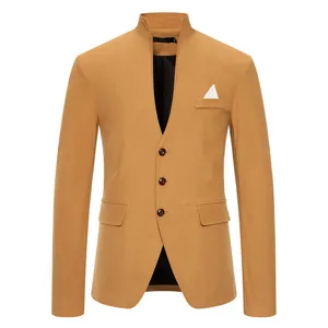 Men detail shot of khaki stand collar slim fit suit jacket with chest pocket and white square.