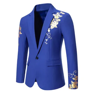 Men royal blue gold foil floral blazer jacket detail, slim fit style for party wedding.