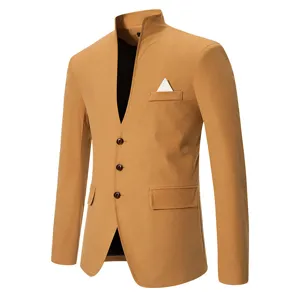 Men slim fit stand collar casual blazer jacket with 3-button closure and pocket square detail.