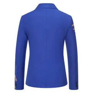 Back detail of men royal blue slim fit blazer jacket with gold print on sleeves buttons.