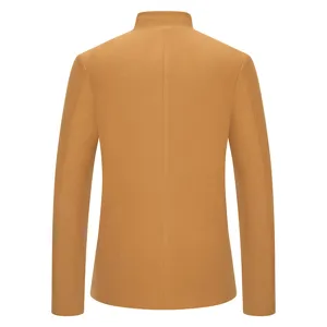 Back detail view of a solid tan men's stand collar slim fit casual blazer jacket.