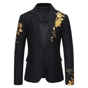 Men gold foil printed slim fit blazer stylish floral wedding casual suit jacket for men