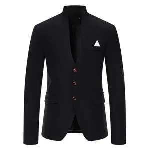 Men's black stand collar slim fit casual blazer jacket with three buttons and pocket square.