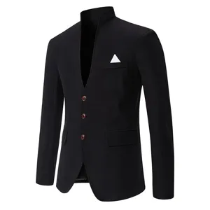 Men slim fit black stand collar blazer detail showing three buttons and white pocket square.