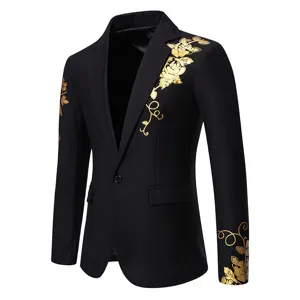 Men's black gold foil floral print slim fit casual suit jacket single button blazer for wedding