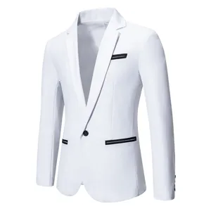 Veste de blazer de loisir cintrée blanche pour homme avec détails de poches noirs et bouton unique.
