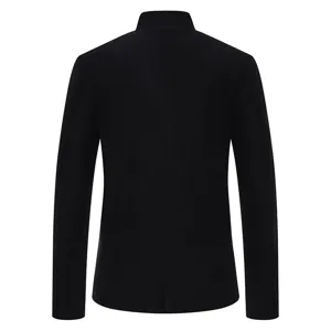 Back view close-up of a black men's mandarin collar slim fit casual suit jacket.