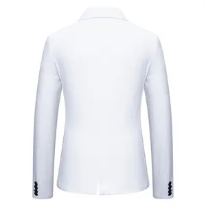 Vue arrière de la veste de costume slim blanche pour homme avec boutons et fente.