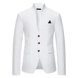 Detail view of men's white mandarin collar slim fit blazer jacket with pocket square.