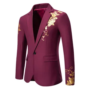 Detail view of the men maroon blazer featuring elegant gold floral foil print and slim fit.