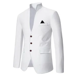 Men's white stand collar slim fit casual blazer jacket detail with buttons and pocket square