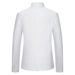 Detailed back view of men's casual white stand collar suit jacket slim fit garment.