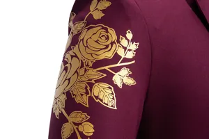 Men's burgundy gold foil floral print suit jacket sleeve detail closeup view for wedding.