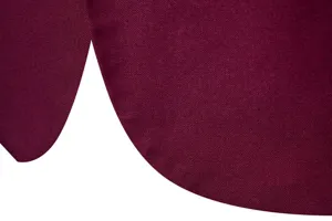 Close-up detail of men's suit jacket fabric, showcasing fine twill weave and curved hem line.