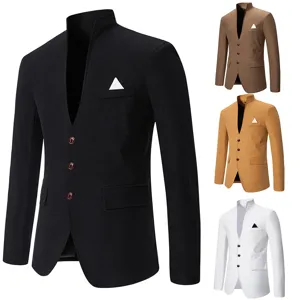 Men's casual stand collar slim fit blazer jacket, stylish business wedding suit outer wear.