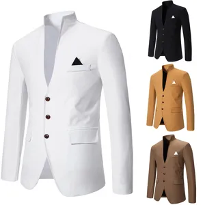 Men's casual stand collar slim fit blazer jacket for wedding business daily wear.