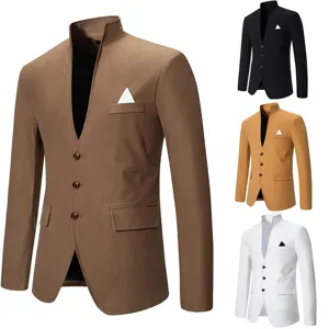 Men stand collar slim fit casual blazer suit jacket single breasted with pocket square.