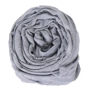 Grey rolled women scarf detail view, soft breathable fabric texture, comfortable everyday wear.