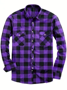 Details of the purple and black plaid flannel shirt featuring dual chest pockets and button cuffs.
