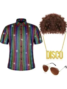 70s disco costume set for men including rainbow sequin shirt, wig, disco necklace and glasses.