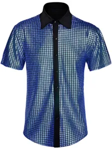 Detailed view of the blue sequin short sleeve shirt featuring a striking black collar and placket.
