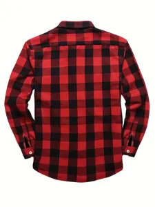 Men flannel plaid shirt back detail, casual red black buffalo check long sleeve shirt.