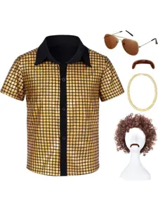70s disco costume set for men boys shiny metallic sequin shirt wig glasses gold chain