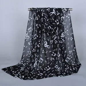 Black music note print chiffon scarf, lightweight long scarf wrap for women daily wear.