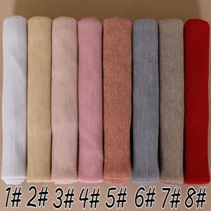Solid color metallic pleated long scarf for women, elegant shiny hijab, lightweight wrap.