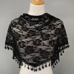 Black lace triangle scarf women floral hollow shawl elegant tassel fringe wrap accessory
