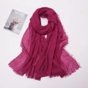 Wrinkled cotton linen scarf with frayed edges, vibrant candy color shawl for daily wear.