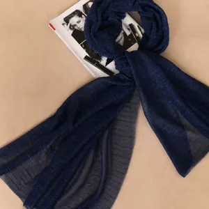 Dark blue metallic shimmery pleated long scarf, lightweight breathable polyester accessory for women.
