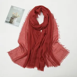 Red cotton linen crumpled long scarf with fringe, stylish crinkle shawl for women daily wear.