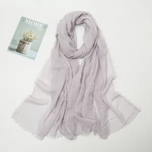 Lightweight cotton linen crinkled scarf with raw edges, candy color detail view.