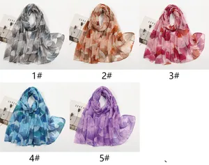 Donna moda floreale stampata voile sciarpa lunga elegante ginkgo foglia collo leggero.