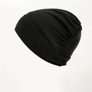 Black modal under cap detail, elastic stretch chemo headwear for women, soft solid color hijab cap.